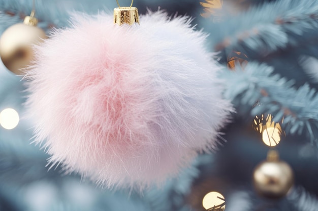 A pink fluffy ball ornament hanging from a christmas tree Digital image