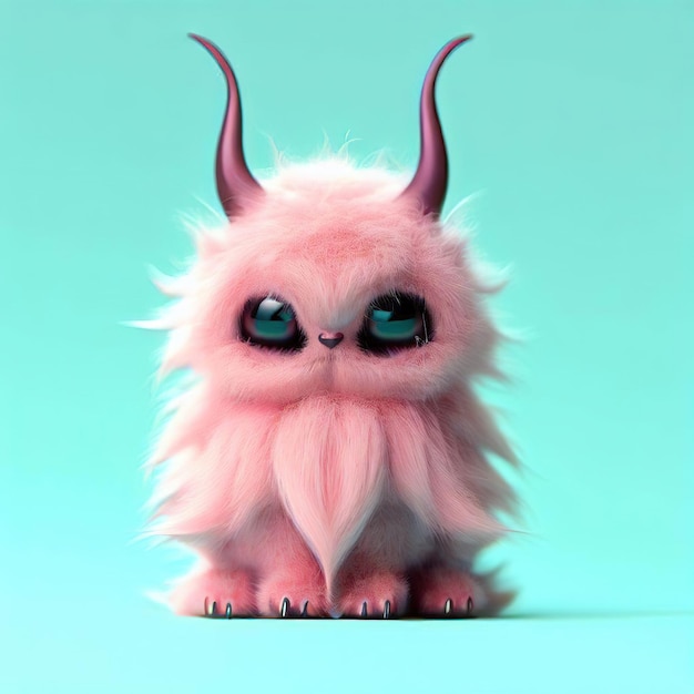 A pink fluffy creature with blue eyes and a pink fur.