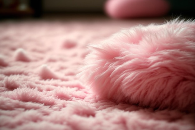 Pink fluffy rug on a pink bed