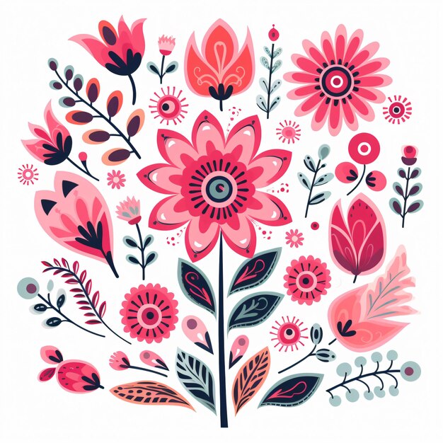 Photo pink folk flower clipart isolated on white background