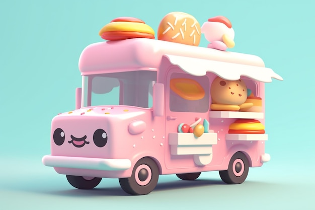 A pink food truck with a face on the front.