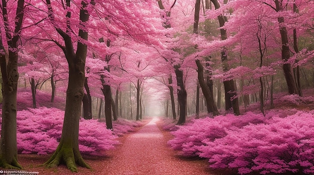 Розовый лес, розовые деревья, рисование