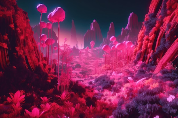 A pink forest with a mountain in the background