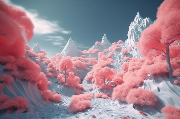 A pink forest with a mountain in the background