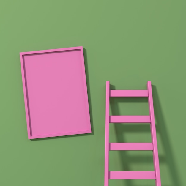 사진 녹색 배경에 핑크 프레임과 계단 렌더링