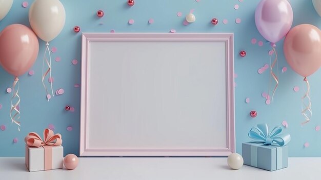 a pink frame with a blue background with pink and white flowers