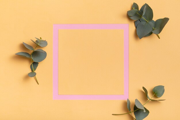 Pink frame with green natural leaves