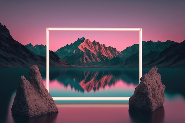 A pink frame with a mountain and a lake in the background