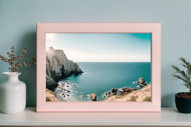 Foto una cornice rosa con vista mare sul lato sinistro della cornice.