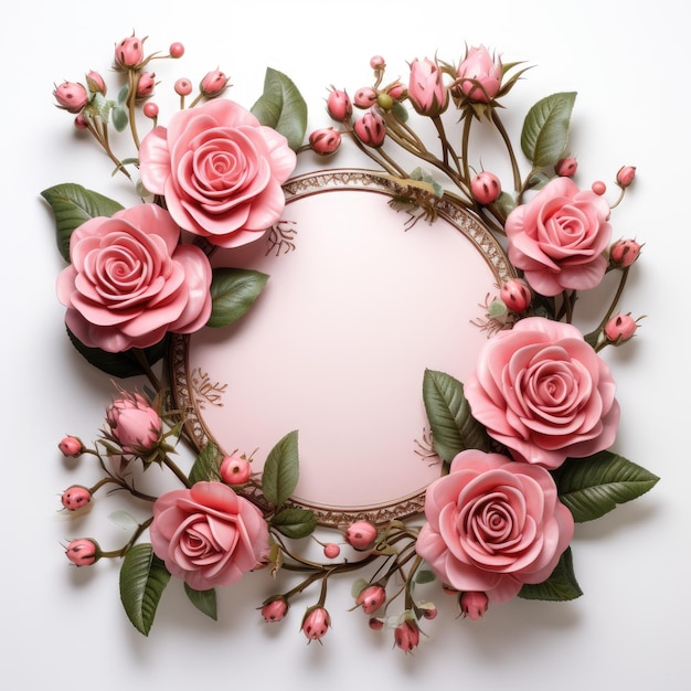 a pink framed mirror with pink roses and leaves.