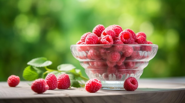 pink fresh raspberries on a glass vessel on a gray wood background in the garden