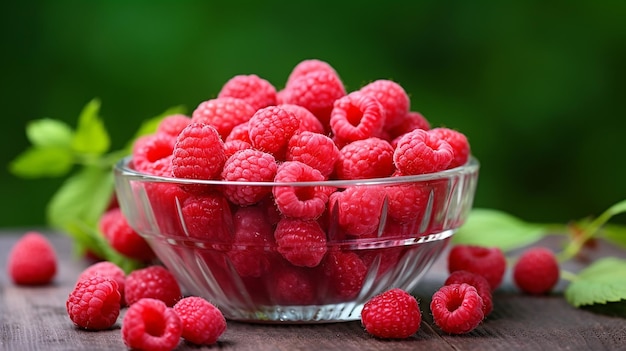 pink fresh raspberries on a glass vessel on a gray wood background in the garden