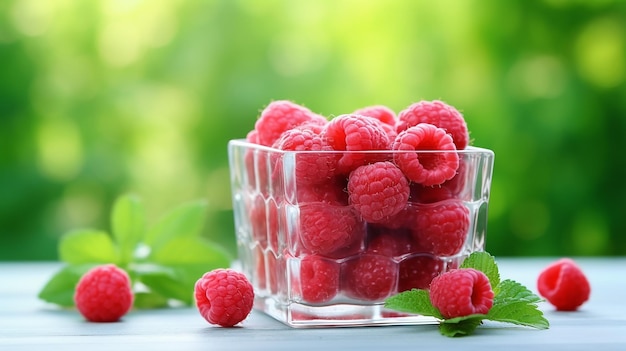 pink fresh raspberries on a glass vessel on a gray wood background in the garden