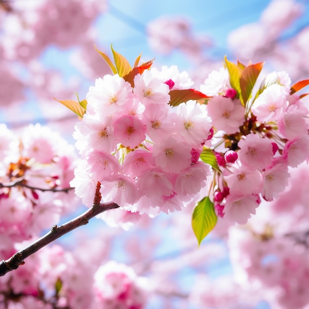 Pink Fresh Sakura Blossom On Blue Sky Background