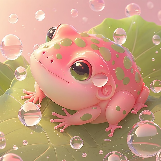 Premium Photo  Pink frog with green eyes sits on a leaf with water drops.