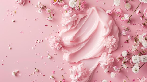 사진 분홍색 배경 에 꽃 이 둘러싸인 분홍색 얼음 케이크