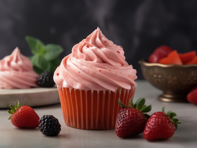 Pink Frosted Cupcakes with a Strawberry on Top Generative AI