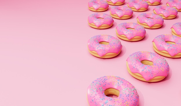 Pink frosted donut background with sprinkles 3D Rendering