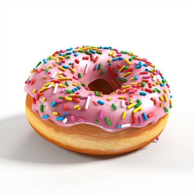 A pink frosted donut with pink frosting and sprinkles on it.