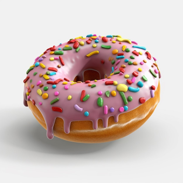 A pink frosted donut with pink icing and sprinkles on it.