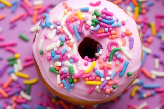 A pink frosted donut with rainbow sprinkles shot from above