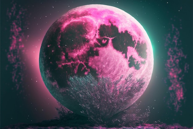 Pink full moon with a tree in the foreground generative ai