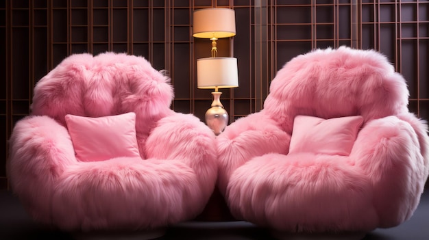 Photo pink furry lounge chairs on a front carpet in the style of y2k aesthetic romantic atmosphere foam