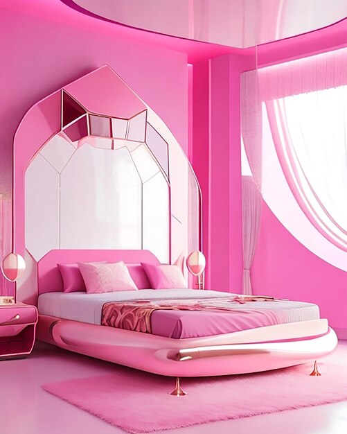 Pink futuristic bedroom with metallic accents and floating bed