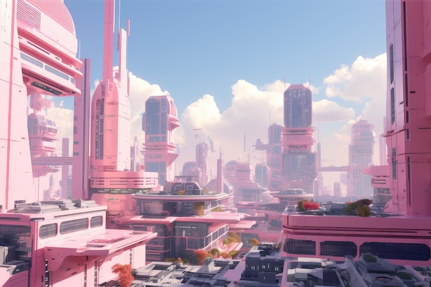 Pink futuristic city with towering buildings and flying cars on a clear blue sky