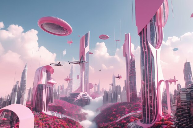 そびえ立つ超高層ビルと空飛ぶ車両と先進技術を備えたピンクの未来都市