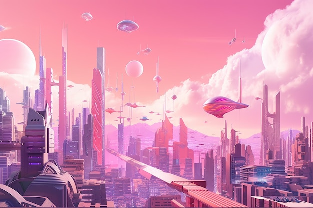 Pink futuristic city with towering skyscrapers flying vehicles and advanced technology