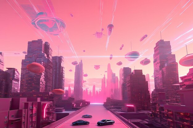 Pink futuristic cityscape with flying cars hoverboards and holographic billboards