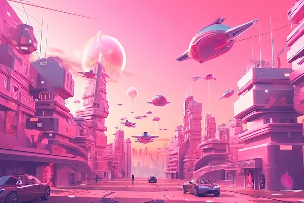 Pink futuristic cityscape with flying vehicles and holographic billboards