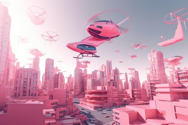 Pink futuristic cityscape with hovering transports and flying vehicles