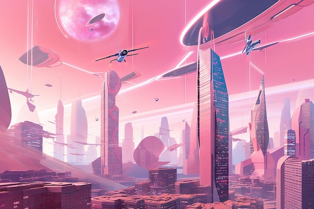 Pink futuristic cityscape with towering buildings and flying cars in the future