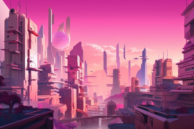 Pink futuristic cityscape with towering skyscrapers and bustling streets