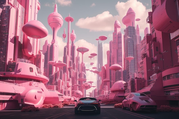 Pink futuristic cityscape with towering skyscrapers and flying cars