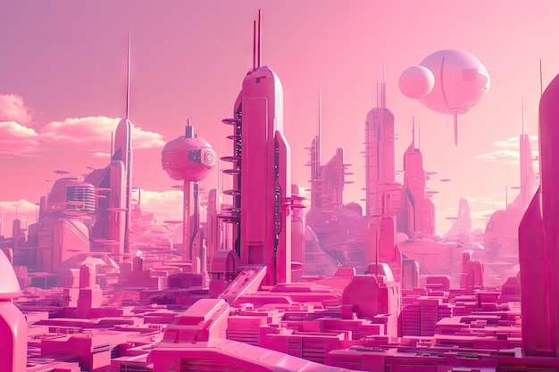 そびえ立つ高層ビルと空飛ぶ車のあるピンクの未来的な都市景観
