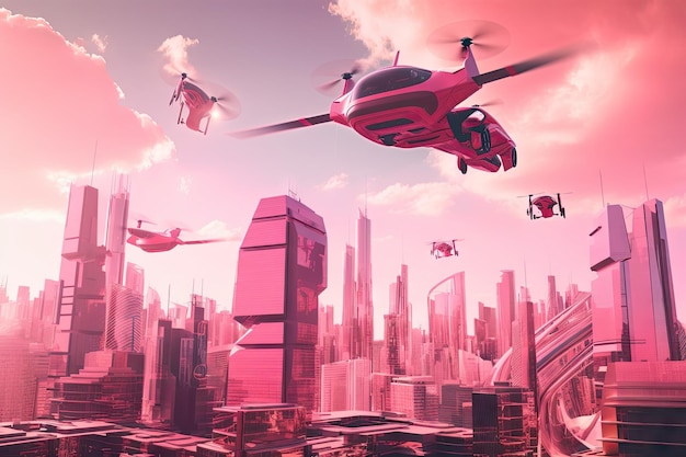 Pink futuristic cityscape with towering skyscrapers and flying transport vehicles