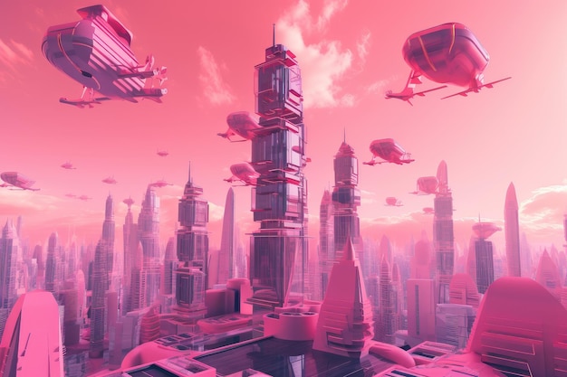 Pink futuristic cityscape with towering skyscrapers and flying vehicles