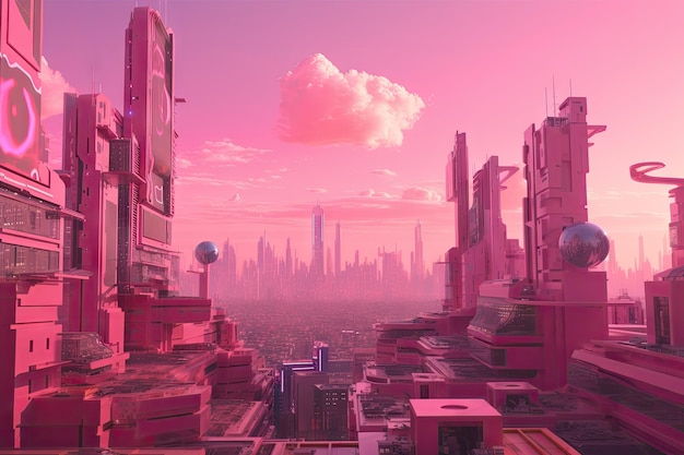 Pink futuristic cityscape with towering skyscrapers and flying vehicles