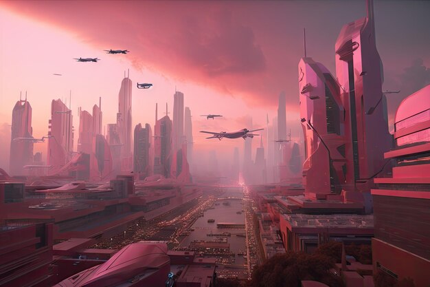 Premium AI Image Pink Futuristic Cityscape With Towering Skyscrapers premium-ai-image-pink-futuristic-cityscape-with-towering-skyscrapers