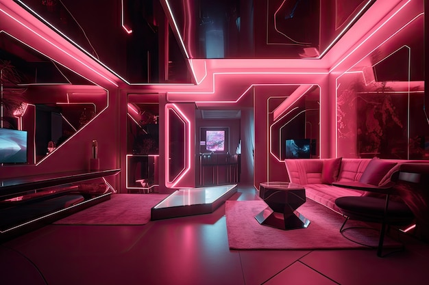 Pink futuristic room with floating holographic displays metallic accents and sleek design