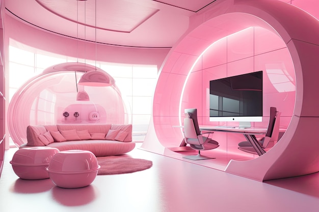 Pink futuristic room with hightech gadgets and sleek furniture