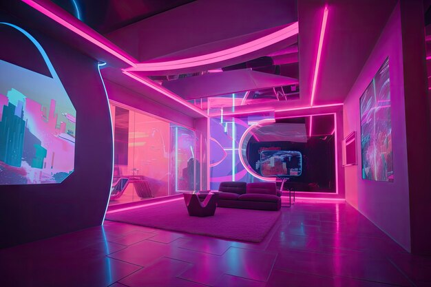 Pink futuristic room with holographic projections of bright colors and shapes