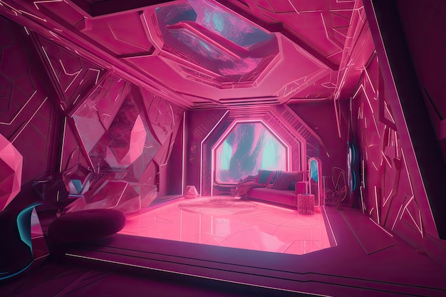 Pink futuristic room with holographic projections of bright colors and shapes