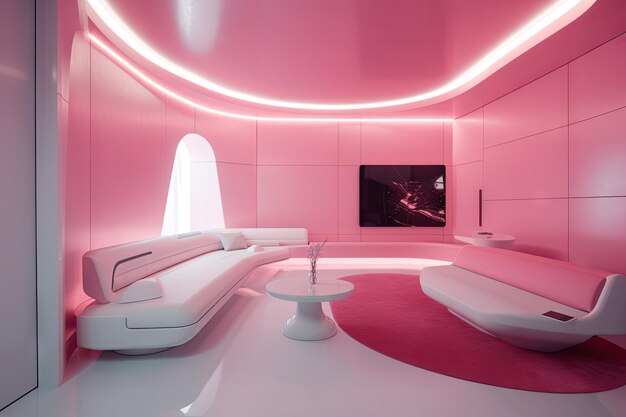 Pink futuristic room with sleek furniture and minimalist design