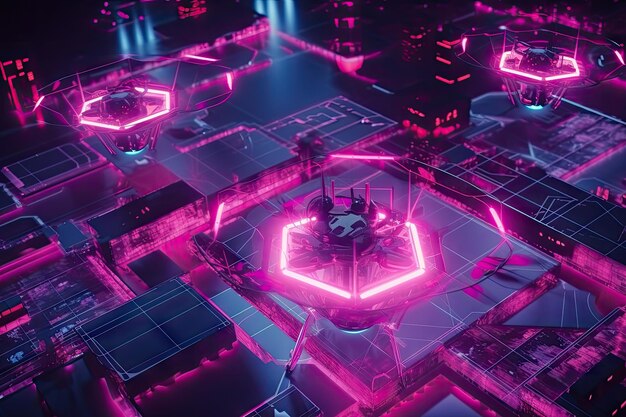 Pink futuristic setting with holographic interface and flying drones