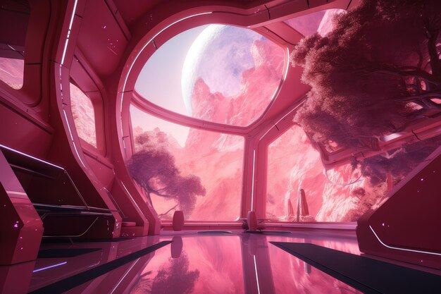 Pink futuristic setting with view of distant starscapes and galaxies