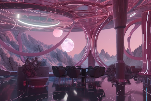 Pink futuristic setting with view of distant starscapes and galaxies